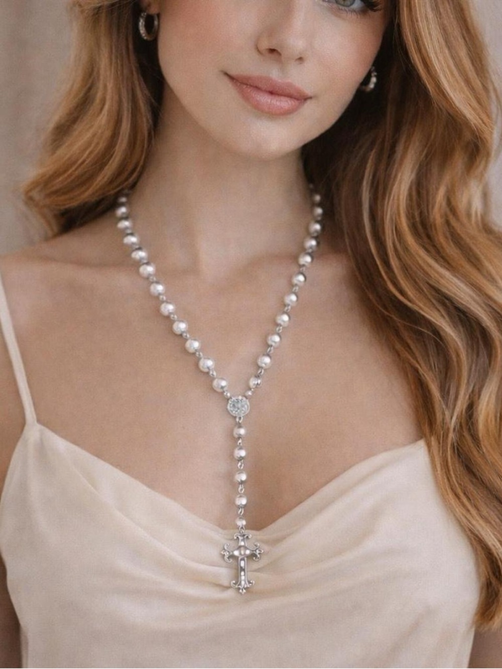 Silver Rosary Necklace, Y2K Vintage Style Beaded Cross Pendant Chain